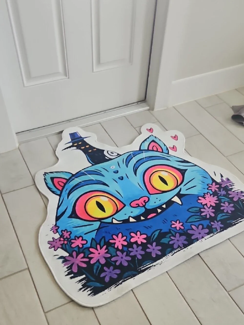 Blue Cheshire Cat Graphic Mat with Yellow Eyes